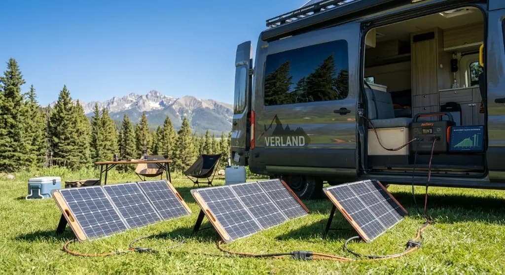 Portable solar generators in a meadow, solar panels deployed for camping and portable power